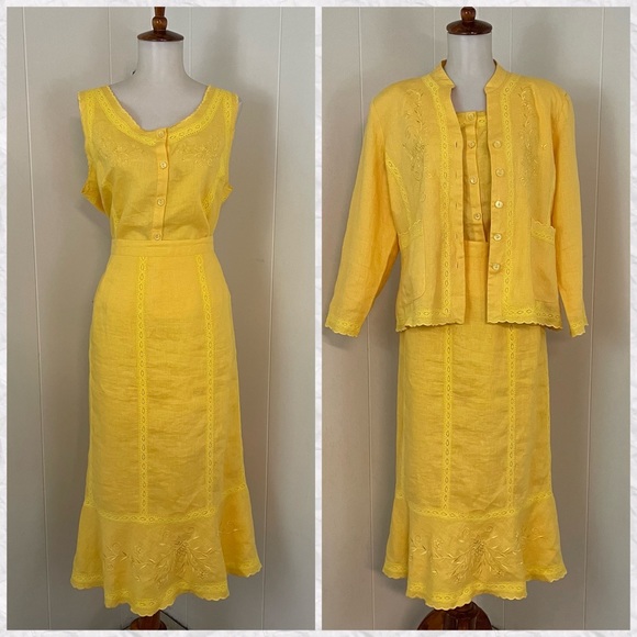 Vintage Dresses & Skirts - Vintage 3 Piece 100% Linen Embroidered Tank Midi Skirt & Jacket Set